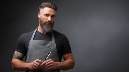 Professional male barber with a stylish beard and modern haircut wearing a grey apron, holding a straight razor, and observing the camera on a dark background