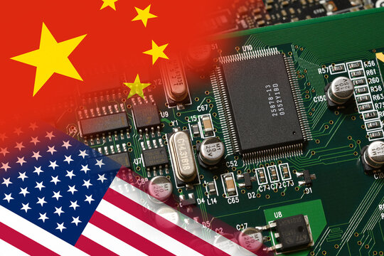 Flag of the Republic of China and the United States with microchip on electronic board. Concept for world supremacy in microchip and semiconductor manufacturing.