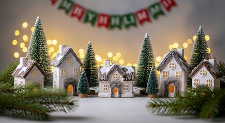 Miniature Christmas village houses stand nestled amongst festive snow-dusted pine trees, glowing warmly under magical bokeh lights for a cozy holiday season