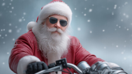 Santa claus wearing sunglasses and a red leather jacket, riding a motorcycle through falling snow, bringing cool, modern christmas holiday cheer