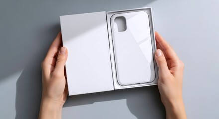 Person's hands showcase a clear white smartphone case nestled inside a blank cardboard box, offering a clean mockup on a trendy grey background
