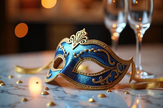 Elegant teal mask adorned with gold, beside wine glasses and confetti under warm, festive lights.