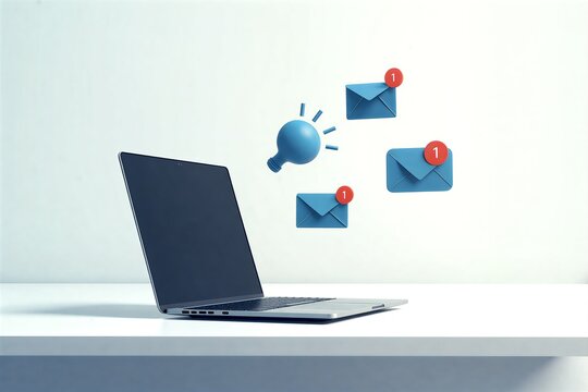 Laptop on desk, blue envelopes and megaphone float above, symbolizing digital communication and marketing outreach.