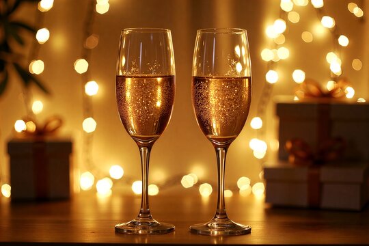 Two wine glasses filled with sparkling liquid, festive lights and gifts in warm golden background. Perfect holiday moment.
