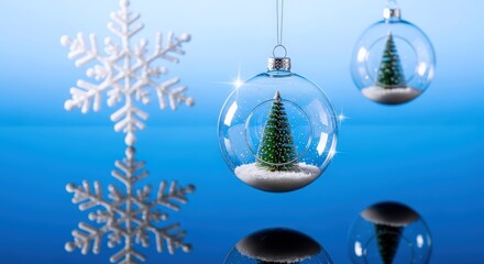 Clear glass Christmas ornament hangs gracefully, showcasing a miniature tree within snow, reflecting holiday cheer on a vibrant blue background with sparkling bokeh