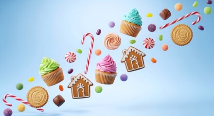 Colorful delicious treats and festive sweets float dynamically against a light blue background, creating a whimsical celebration of sugary delight