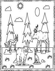 Cute Forest Animals Coloring Page For Kids And Adults. Bear, Deer, Fox, And Rabbit.