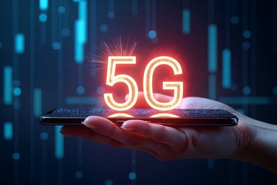 Hand holds smartphone glowing "5G" neon sign against futuristic blue circuit background, symbolizing next-gen connectivity.