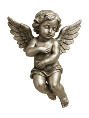 A small metal cherub statue, perfect for enhancing bathroom decor.