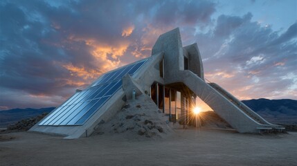 Modern building with a unique architectural design. the building is made of concrete and has a triangular shape with a pointed roof.