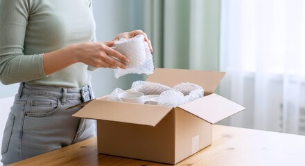 Gentle hands carefully unbox a new fragile white ceramic mug from protective bubble wrap, signifying a thoughtful home delivery or moving preparations