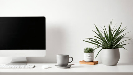 Obraz premium An Image Of A Desk With A Monitor, Keyboard, Coffee Cup, And Potted Plant