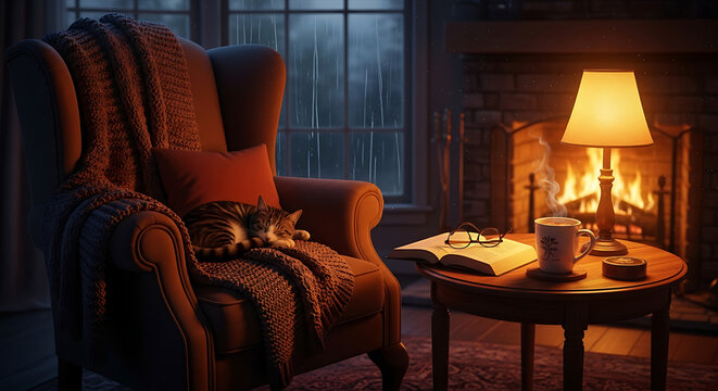 Cozy armchair with sleeping cat by warm fireplace and glowing lamp on a rainy evening. - Powered by Adobe