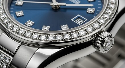 Close-up of a luxurious diamond-encrusted watch with a deep blue dial and silver band.