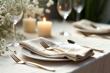 Elegant dinner table setting: gold forks, cream napkins, candles, flowers. Soft lighting, romantic ambiance.
