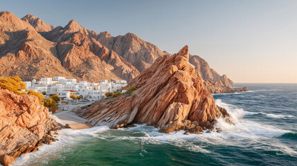 Coastal landscape with white houses on rocks and waves at the shore — picturesque tourist view for guides.
