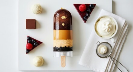 Peanut butter cheesecake Gourmet dessert assortment with a layered popsicle, triangular cakes, and a chocolate square, artfully arranged on a white surface.