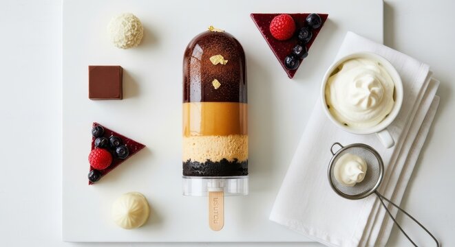 Peanut butter cheesecake Gourmet dessert assortment with a layered popsicle, triangular cakes, and a chocolate square, artfully arranged on a white surface.