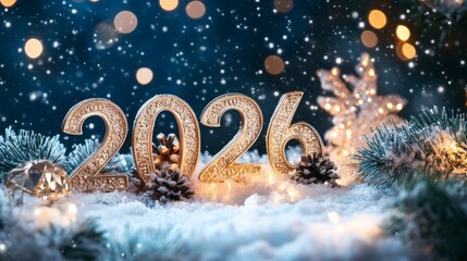A snowy scene showcases the year 2026 shimmering with gold, surrounded by pine cones and twinkling lights. Snowflakes gently fall, creating a magical winter vibe perfect for celebration