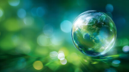 Green planet globe bubble floating over blurred nature bokeh background, peaceful environmental concept