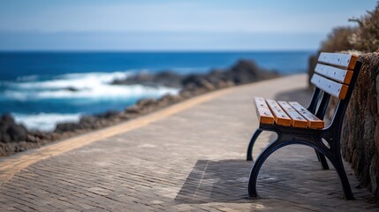 Pneumatic bench with black steel frame and wood slats, product shot overlooking ocean on sunny day, blending outdoor furniture functionality with coastal scenic beauty for promotional use.
