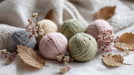 Fototapeta premium 毛糸玉とドライリーフ / Yarn Balls and Dried Leaves