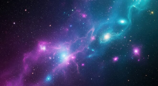 Cosmic Nebula With Swirling Purple And Teal Gas Clouds And Distant Stars space galaxy