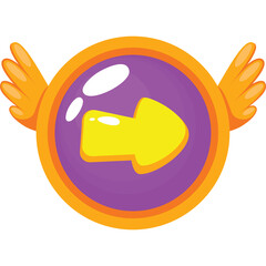 Circular emblem with golden border purple center and bright yellow arrow pointing right with orange wings on transparent background
