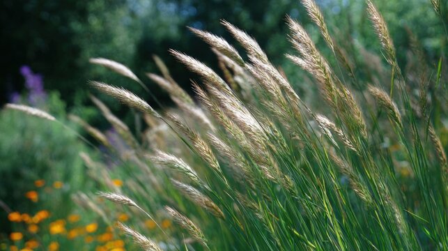 Close-up of tall grasses in a garden. the grasses are golden brown in color and have a feathery texture. the blades of the grass are long and slender, and they are swaying in the wind. - Powered by Adobe