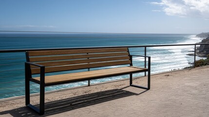 Pneumatic bench with black steel frame and wood slats, product shot overlooking ocean on sunny day, blending outdoor furniture functionality with coastal scenic beauty for promotional use.