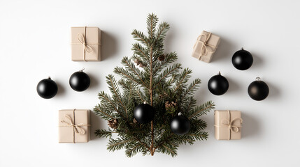 Nordic-style Christmas tree flat-lay scene for New Year 2026, white background, pine branches, matte black baubles, minimalist gift boxes with kraft paper, soft shadows, top-view composition