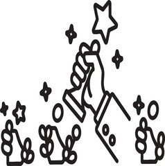 Hand holding a gleaming trophy surrounded by celebratory stars and confetti for success and achievement