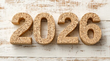 These cork blocks display the year 2026 laid out on a weathered wooden table. The arrangement offers a simple yet stylish look for decor or event planning