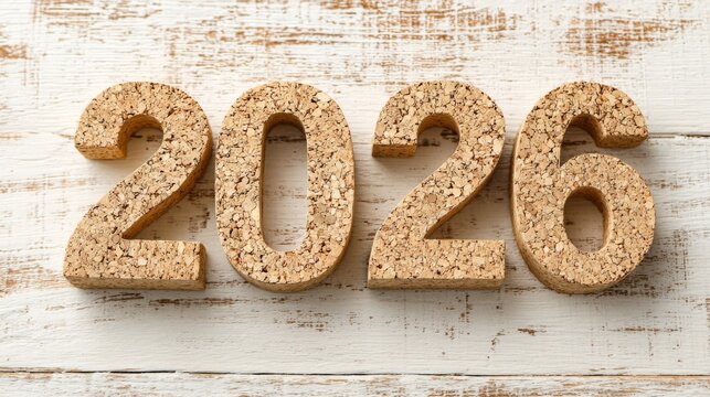 These cork blocks display the year 2026 laid out on a weathered wooden table. The arrangement offers a simple yet stylish look for decor or event planning