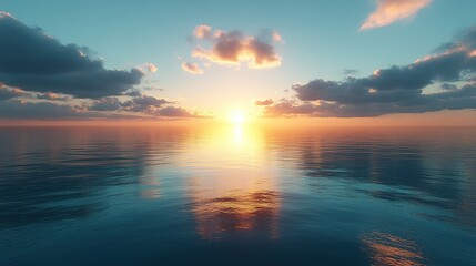 Obraz premium Serene Ocean Sunset Reflecting Brilliant Golden Sunlight and Soft Clouds on Calm Water