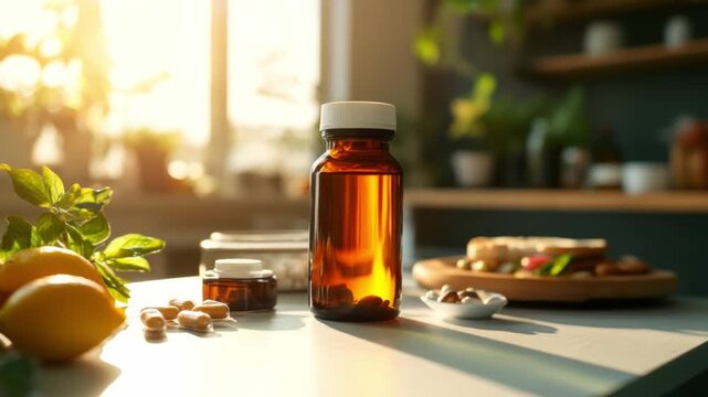 Wellness Elixir: A bottle of wellness elixir sits bathed in warm sunlight, surrounded by organic ingredients and nourishing food, hinting at a scene of health, wellness, and mindful living.