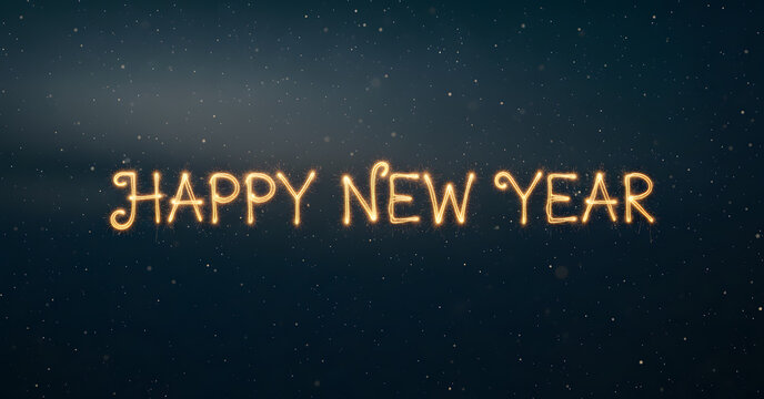Happy new year text in glowing light against a dark blue star filled background celebration message