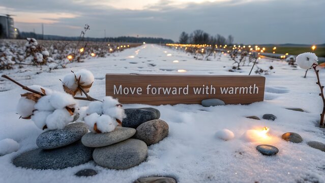 Winter scene with cotton clusters and sign in snowy field