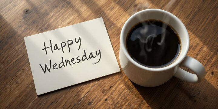 a cozy morning scene with a warm cup of coffee and a handwritten happy wednesday note on wooden