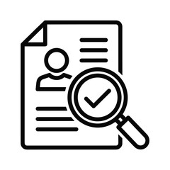 Magnifying glass over a document with a person icon and checkmark, symbolizing job search