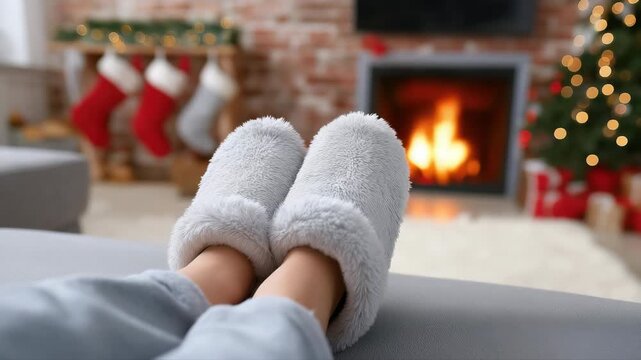 Cozy relaxation by a warm fireplace during winter with fuzzy slippers and holiday decor
