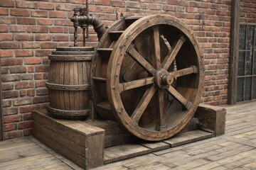 Obraz premium Old Water Wheel Against Brick Wall Background.
