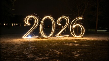 Sparkling Light Trails Forming Decorative 2026 on Black Background