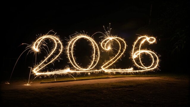 Sparkling Light Trails Forming Decorative 2026 on Black Background