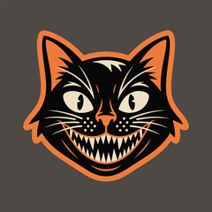 Creepy black cat with orange outline and scary smile for halloween night