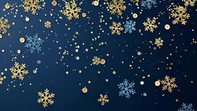 A Festive Wintry Background Featuring Golden and Blue Snowflakes, Shiny Ornaments, and Stars on a Deep Blue Canvas for Celebratory Occasions