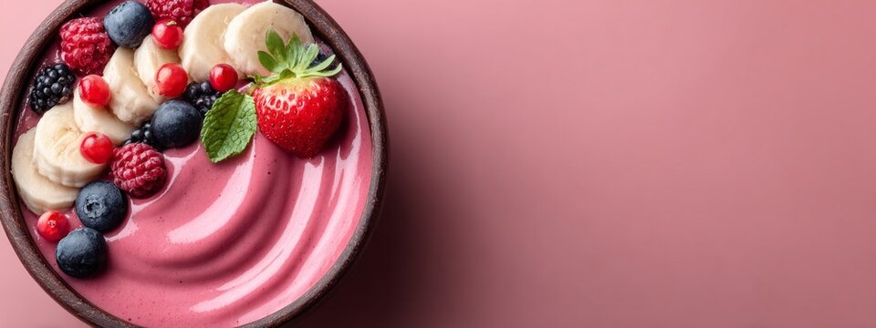 A vibrant acai bowl filled with smooth, creamy texture showcases a beautiful array of fruits like bananas, strawberries, and blueberries. Perfect for a healthy start to the day