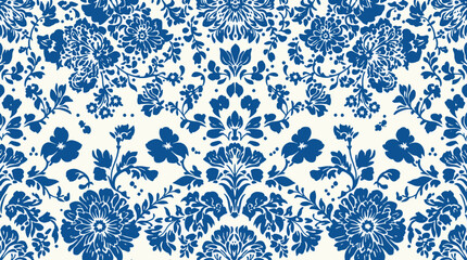 Seamless vintage floral pattern with blue and white flowers and decorative ornamental leaves