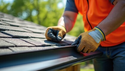 Construction worker in orange vest and gloves installs metal flashing on house roof edge. Worker ensures precise alignment for water protection and building durability on sunny day.
