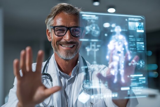 Doctor smiling with artificial intelligence agent holographic summary displaying comprehensive patient history and medical records. Advanced medical technology and AI healthcare innovation concept.